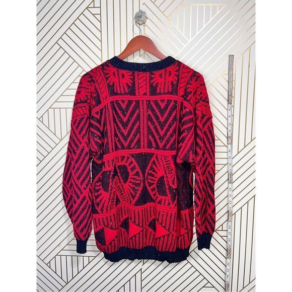 Vintage Men's Knit Geometric Pullover Round Neck Sweater Red Black Jacket Dad - Picture 5 of 5